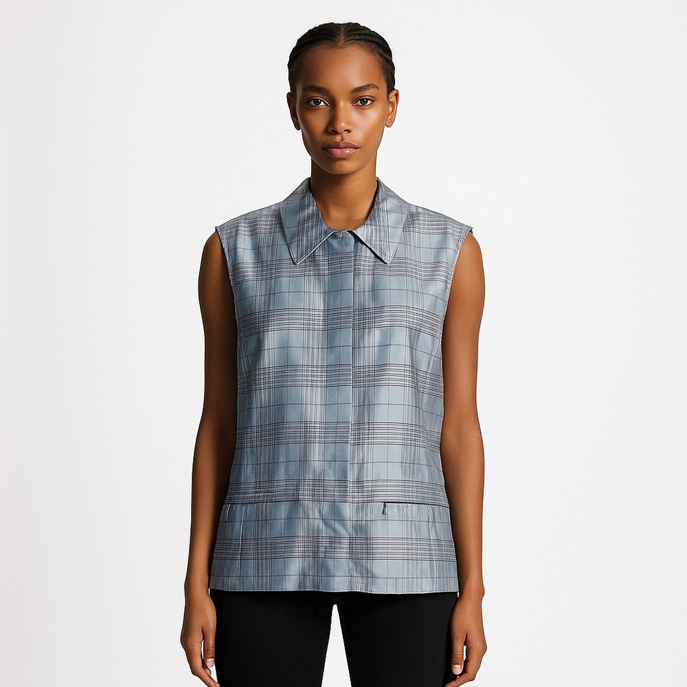 ESCADA‎ 100% SILK Pink Blue Tartan Plaid Full Zip Puffer Vest Jacket Top Size 38